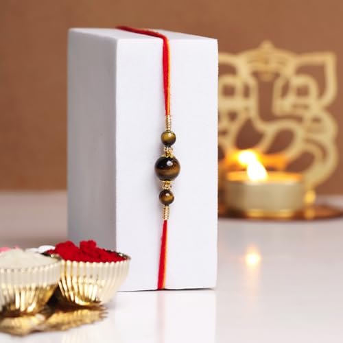 Image of Shubhanjali Crystal Beads Rakhi for Brother | Handmade Healing Crystal Stone Designer Rakhi for Bhaiya | Raksha Bandhan Gift Set with Roli Chawal, Kumkum, Greeting Card & Potli
