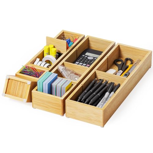 VA1KENE Desk Drawer Organizer Tray Set of 6 – Bamboo Office Storage Boxes with 12 Compartments for Office Supplies, Cosmetics, Jewelry and More