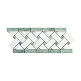 Thassos White Greek Marble Basketweave Border Mosaic Tile with Ming Green Marble Dots, Polished