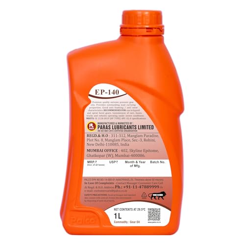 Image of PALCO EP 140 Extreme Pressure Gear Oil 1 Litre (Pack 1) | API GL 4 Gear Oil for Cars, Bus & Other Heavy Vehicle High Performance Heavy-Duty for Smooth Transmissions, Superior Protection