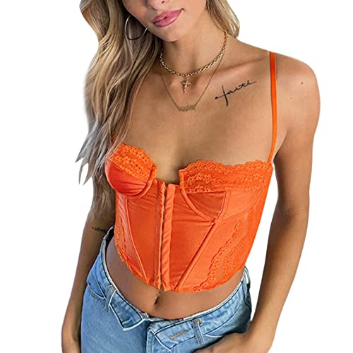 Women Lace Bustier Corset Top Sexy See-Through Push Up Crop Cami Shirt Floral Patchwork Body Shaper Camisole (Orange-B1, S)