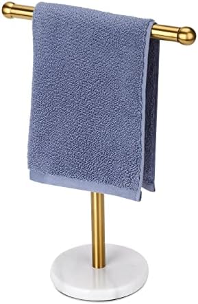 Gold Hand Towel Holder Stand with Heavy Marble Base, T-Shape Towel Rack, Free-Standing for Bathroom Vanity Countertop, 304 Stainless Steel (Gold)