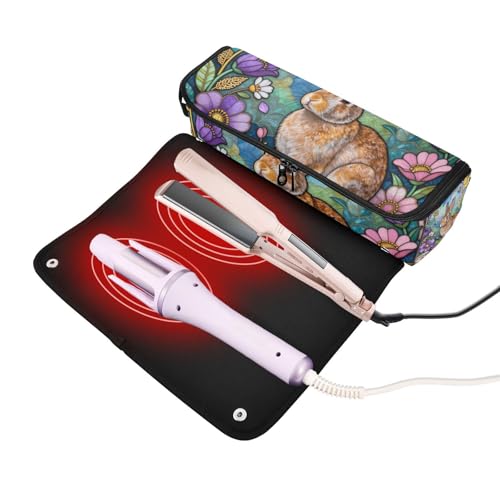 Bolsa de viaje para herramientas de cabello con almohadilla resistente al calor para plancha y rizador, organizador impermeable, diseño con conejo y flores miniatura 2