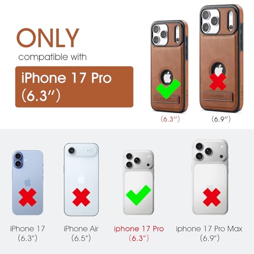 Image of Casus Designed for iPhone 17 Pro Case Compatible with MagSafe Kickstand Vegan Leather Slim Classic Luxury Elegant Protective Cover with Tempered Glass Screen (2025) 6.3 inch - Brown