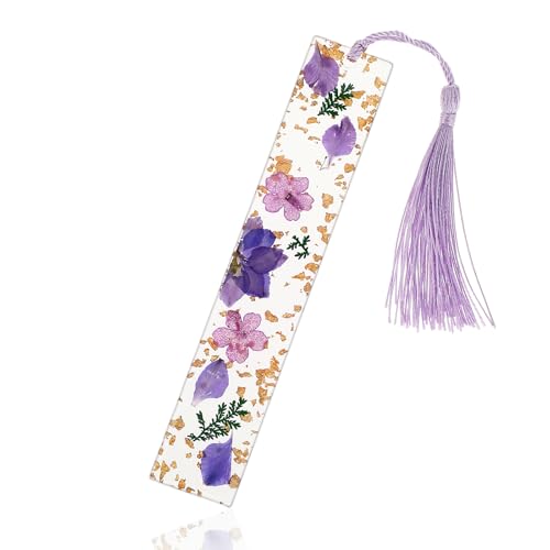 Gepresste Blumen Lesezeichen, Harz Personalisiert Seitenmarkierung mit Quasten Natürliche Getrocknete Blume Lesezeichen Geschenke für Leser Lehrer Studenten Festival (Lila)