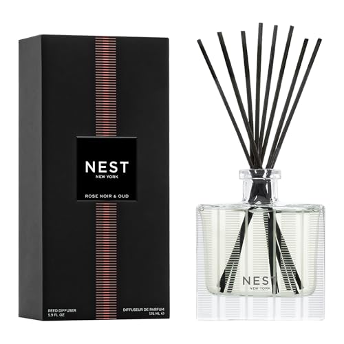 NEST New York Reed Diffuser, Rose Noir & Oud - 5.9 fl oz - Fragrance for Up to 90 Days - Reusable, Refillable Glass Holder - Includes 8 All-Natural Reed Sticks - Flame Free