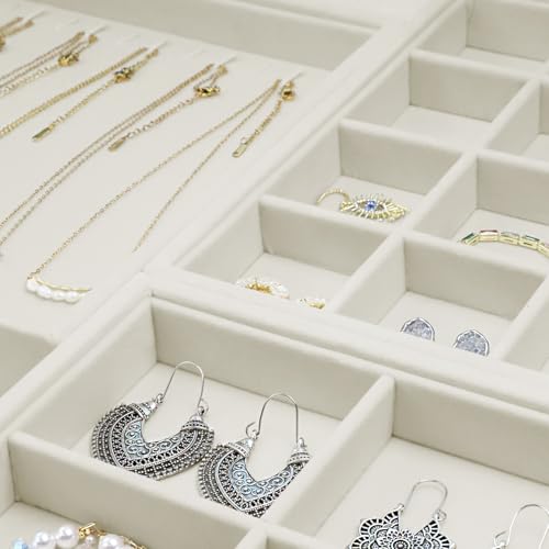 Image of Wudygirl Set of 4 Stackable Jewelry Organizer Drawer Insert Velvet Jewelry Tray with Clear Lid Earring Organizer Bracelet Necklace Ring Holder for Women Girls(Set of 4,Beige)