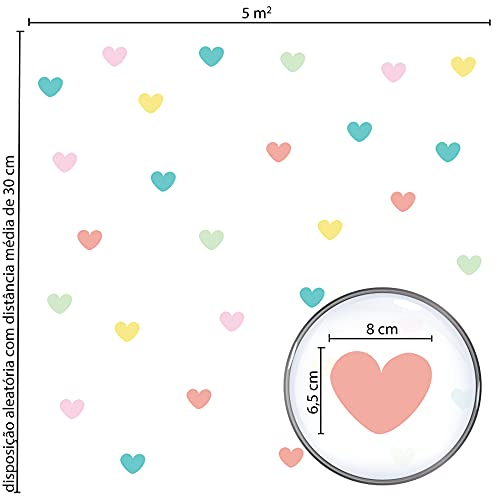Adesivo de Parede Infantil Coração Colorido Tons Pastéis para Quarto 55un