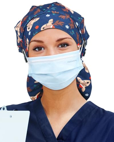 Image of Satin Lined Scrub Cap for Women Extra Large Long Hair Surgical Nurse Cap 4 Buttons