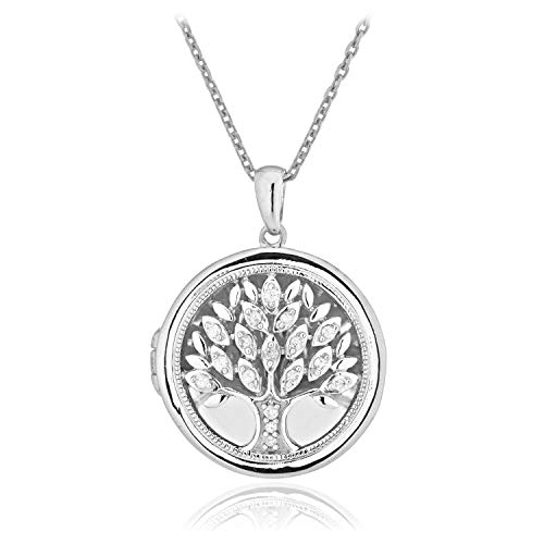 .925 Sterling Silver 1/10 Cttw Diamond Round Tree Of Life Milgrain Locket Pendant Necklace With Cable Chain - 18” (I-J Color, I2-I3 Clarity) #TOP15