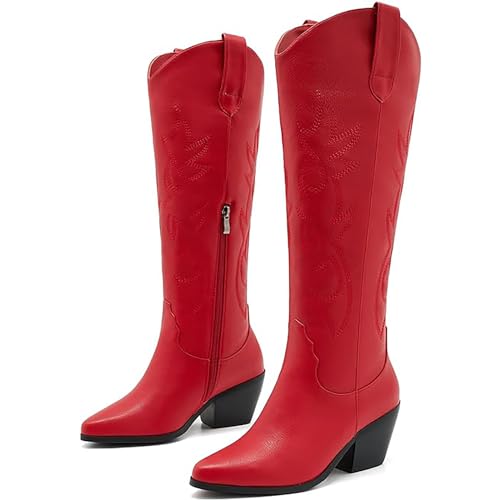 White Cowgirl Boots Wide Calf Cowgirl boots- Western Style Embroidered Knee High Cowboy Boots with Pointed Toe Chunky Heel Fashion Retro High Boot Pull-On