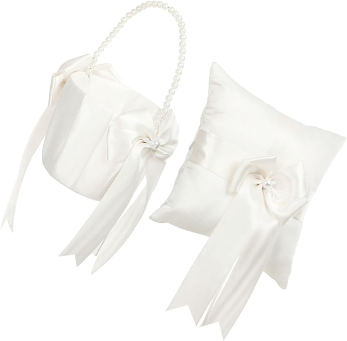 Wedding Ring Pillow and Flower Girl Basket Set in White, Delicate Pu and Pearl Material, Designed to Hold and Embellish Rings for Wedding and Engagement Ceremonies