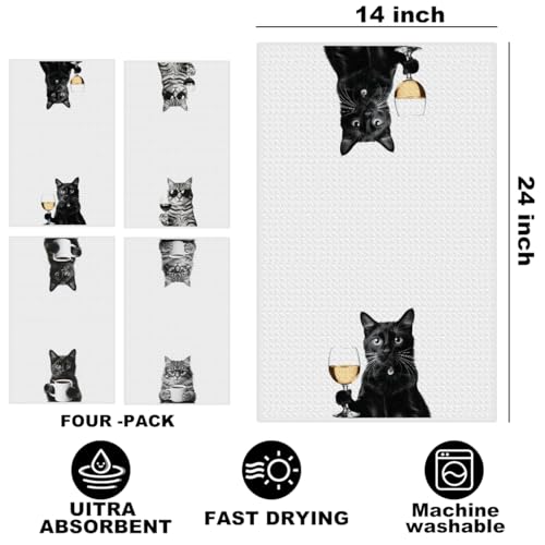 Image of 4 Pcs Funny Cat Kitchen Towels 24x14 Inch, Funny Reusable Dish Towels for Kitchen Coffee Station Wine Bar Decor, Waffle Weave Absorbent Hand Cloth Tea Towel, Cat Lover Gifts for Women Mom Friend