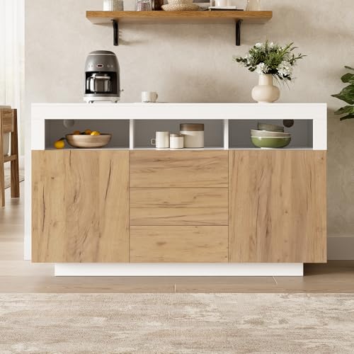 Shye Aparador de estilo moderno con 3 cajones y 2 puertas, para salón, pasillo o cocina, efecto madera natural y blanco, 140 x 40 x 85 cm