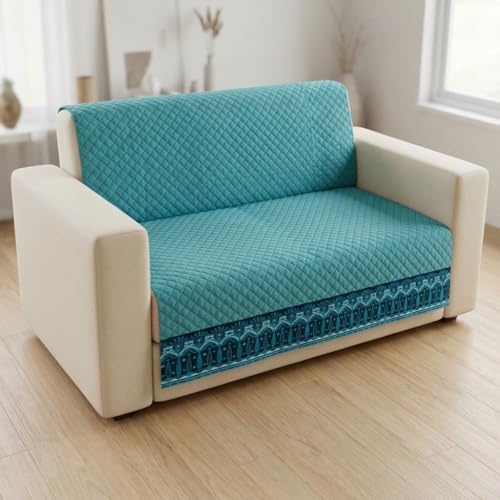 Image of KINGLY Sofa Cover for 2 Seater | Quilted Velvet Seat Cover | Anti-Slip Sofa Mat with Back Elastic | Thick Fabric Sofa Protector | Washable Couch Cover | Mint Blue