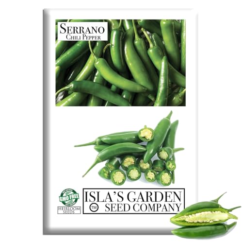 Serrano Hot Chili Pepper Seeds (Capsicum annuum ‘Serrano’) – 100+ Non-GMO & Heirloom Seeds by Isla’s Garden Seeds, Also Known as Serrano Peppers, Classic Spicy Variety for Summer Gardens, Gift Idea
