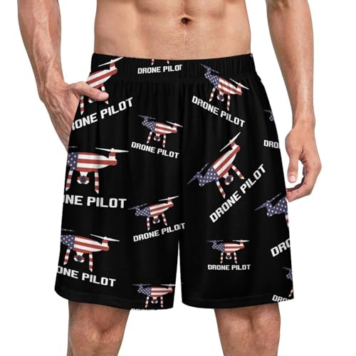 USA Flag Drone Pilot Men's Pajama Shorts Loungewear Elastic Waistband Beach Shorts with Pockets
