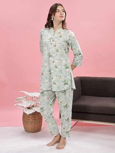 Image of 9shines Label Pure Cotton Printed Women Top & Pyjama Set | Pyjama co-ord Set | Night Suit | Lounge wear for Home | Nightwear Set for Women | Night Dress for Women Stylish (COPJ-5)