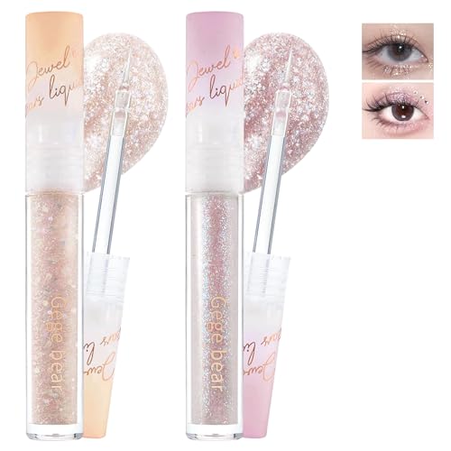2Pcs Flüssiges Glitzer Lidschatten, Diamond Lidschatten & Glitter Flüssig Eyeliner Set zum Aufhellen der Augen, Schimmer Highlight Liquid Eyeshadow, Glitzer Augen-Make-up für Weihnachten-05+06