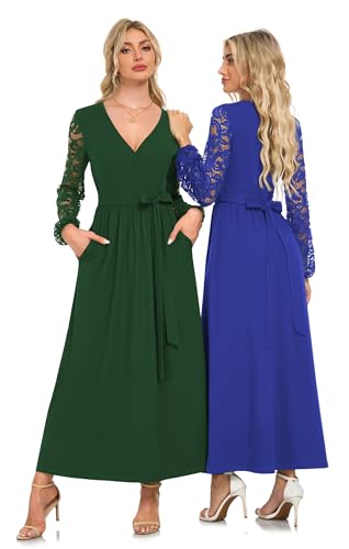 AUSELILY Women's Lace Dress Long Sleeve Maxi 2025 Fall V Neck Wrap Waist Formal Party Long Dresses with Pockets2