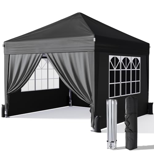 Driftalia 10x10 Pop Up Canopy with Sidewalls, Outdoor Instant Canopy Tent with Carry Bag for Commercial Events, Camping, Backyard Parties - Black