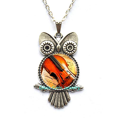 Preisvergleich Produktbild Halskette mit Eulenmotiv, klassische Musik-Geschenk, Violinisten-Eule, Orchester-Band Musiker Eule, Halskette, Violinen-Geschenk, Q0085
