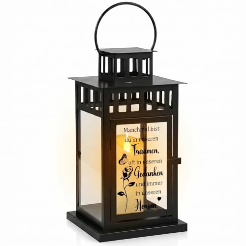 Photect Grablaterne Wetterfest Edelstahl Grablicht mit Gravur Grablampe für Friedhof Beerdigung & Urnengrab Gedenklicht als Trauergeschenk ohne Kerze(27x15x15cm Träumen Dunkel)