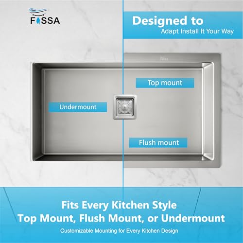 Image of Fossa Aqua 24 inchx18 inchx09 inch Inch Single Bowl Handmade Kitchen Sink 25-Year Warranty AISI 304 Stainless Steel, 2.2mm Thickness, Includes Colander, Coupling & Waste Pipe Set Silver (Matte finish)