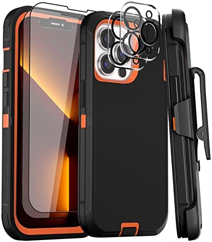Case for iPhone 13 Pro Max Case 6.7" Belt-Clip Kickstand Holster with 2 Screen Protector + 2 Camera Lens Protector,Full Body Heavy Duty Military Grade Drop Protection Cover (Black Orange+Clip)