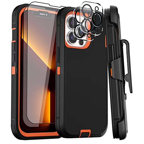 Case For Iphone 13 Pro Max Case 6.7" Belt-Clip Kickstand Holster With 2 Screen Protector + 2 Camera Lens Protector,Full Body Heavy Duty Military Grade Drop Protection Cover (Black Orange+Clip) #TOP1