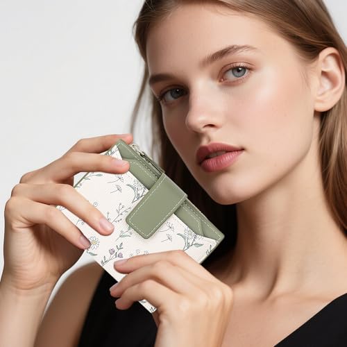 Small Wallet Womens Green Flower Cute Wallet for Women Slim Change Purse for Ladies Bifold Wallet Womens With Zipper Coin Pocket Purses Card Holder for Women 5