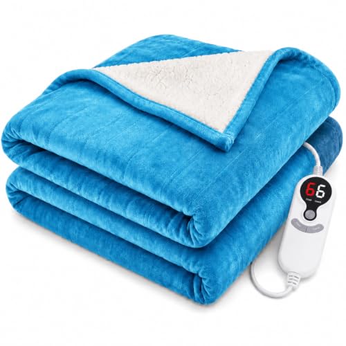 LUXIAN Electric Heated Blanket Full Size 72"x84" Queen Dual-Sided Flannel & Sherpa Fast Heating 9 Heat Settings 1-10H Auto Off ETL Safe Heating Ocean Breeze Blue Bed Sofa Office Winter Gift