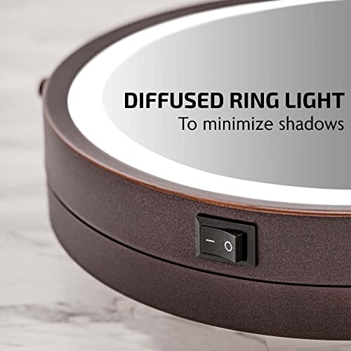 Image of OVENTE 9 inch Wall Mounted Lighted Makeup Mirror, Antique Bronze MFW85ABZ1X7X | Cordless Double Sided 1X /7X Magnifying Mirror for Bathroom with LED Lights, 360 Rotation, Extendable Arm, Battery Operated