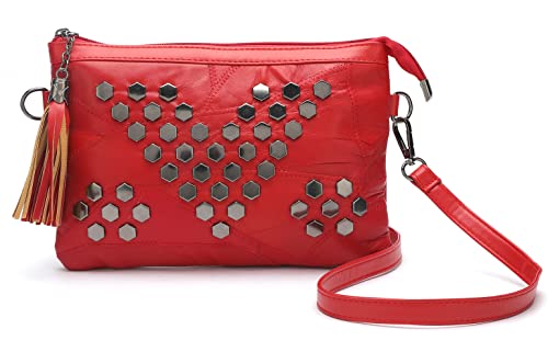 LaRechor Bolsos pequeños de cuero de gamuza para las señoras borla cruzada cuerpo bolso de hombro remaches muñeca embrague para las mujeres negro, Red3-(2 Straps) Cover