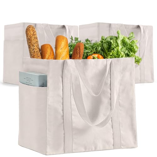Canvas Grocery Shopping Bags, KIDJFGG Heavy Duty Cotton Canvas Totes with Reinforced Handles, Large Reusable Bag with Bottle Sleeves & Side Pockets, Foldable, Sublimation Bag for Picnic/Beach (3 Pack)