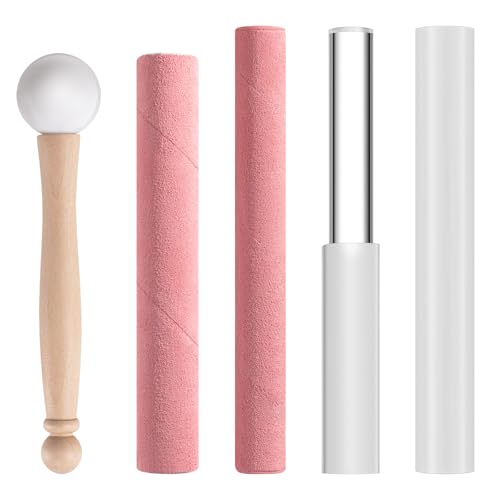 Nuanchu 5 Pcs Crystal Singing Bowl Mallet Set Includes Sheepskin Solid and Hollow Sound Sticks Singing Bowl Rubber Mallet with Wood Handle Clear Acrylic Striker for Playing (Pink)