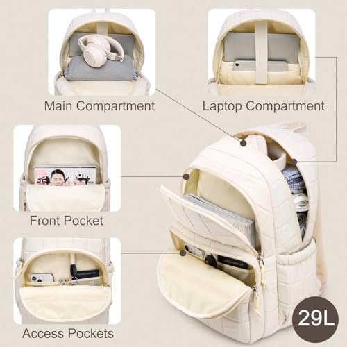 Laptop Backpack for Women College Travel,Quilted Daypack Bookbag for School Teen Girls Mochilas Mujer,Beige - Image 3