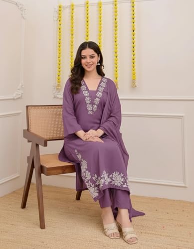 Image of ANNI Designer Pure Cotton Embroidered Kurta Set for Women | Rust Orange Kurta with Pants & Dupatta | Floral Neck & Hem Embroidery | Cotton Kurta Set for Women | 10 Colour Options Available
