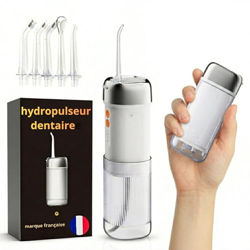 Hydropulseur jet dentaire buccal IPX7 réservoir 250ml 5 buses USB-C 4 modes de puissance 35/140 psi avec mémoire autonomie 45 jours nettoyage dentaire...