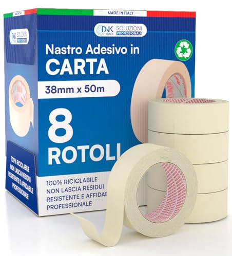 DNK TRADE Nastro di Carta - 8 Rotoli di Nastro da Imbianchini 38mm x 50m - Carta Gommata Professionale 38x50 Riciclabile per Mascheratura Pittura e Imbiancatura