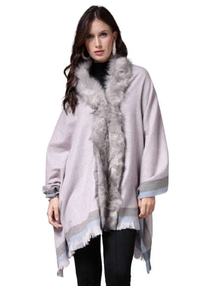 mafadeny Soft Poncho with Faux Fur and Check Print-picture-35