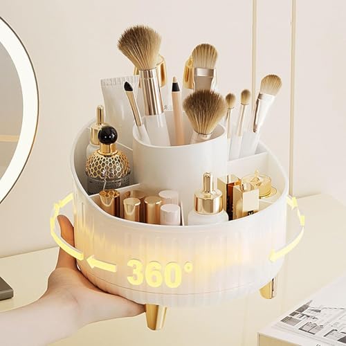 Makeup Brush Holder Organizer, 360° Rotating Makeup Organizers Countertop 6 Slots, Makeup Brushing and Skincare Storage for Vanity, Desktop, Bathroom-White
