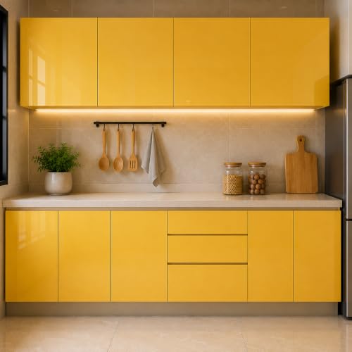 Image of Vinyl Contact Paper Decorative for Cabinets Countertops Kitchen Shelves Liner Self Adhesive Film Peel and Stick Waterproof Removable Wallpaper (Inches 24 x 50, Glossy Yellow)