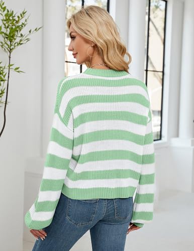 Image of Libsorge Womens Oversized Lightweight Cute Striped Cropped Sweater Spring 2025 Knitted Crew Neck Thin Crop Pullover Tops