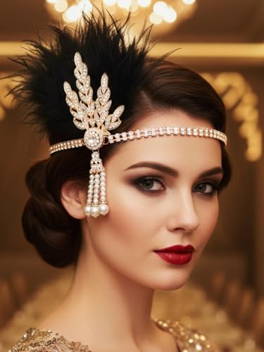 Gortin 1920's Flapper Feather Headband Art Deco Great Gatsby Headpiece...