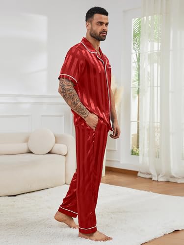 DEARCASE Mens Satin Silky Pajama Set Short Sleeve Soft Sleepwear Button Down Loungewear Long Pants with Pockets3