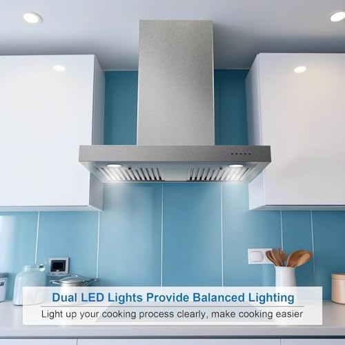 Image of Wall Mount Range Hood 30 Inch T Shape 900CFM Stainless Steel Vent Hood with Split Type Permanent Grease Baffle Filter, Stove Hood Chimney Style Kitchen Exhaust Fan, Ductless Convertible