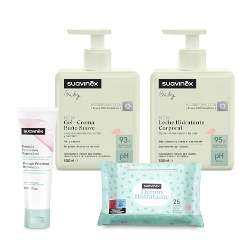 Suavinex, Pack Cosmética Bebé con Gel Champú Suave 500 ml + Crema Hidratante 500 ml + Pomada Pañal 50 ml + Toallitas 25 uds. Apto Pieles Sensibles, Recién Nacidos, 93-95% Ingredientes Origen Natural