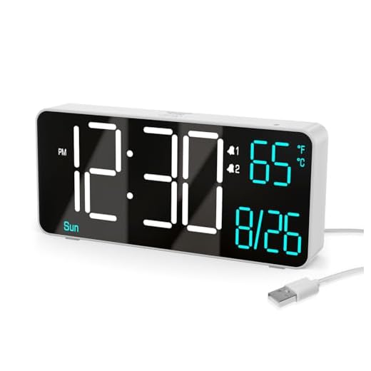 KOSUMOSU Digital Alarm Clock for Bedroom,6.7in Small Digital Clock,Auto Dimming,Date,Day of Week,Seconds or Indoor Temp,LED Alarm Clocks for Living Room,White Desk Clocks for Bedrooms