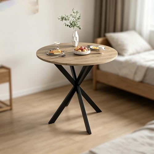Heavy Duty Round Wood Dining Table, Light Oak Farmhouse Kitchen